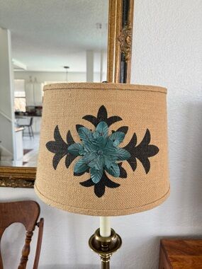 Neutral Burlap Linen Lamp Shade with Teal Metal Flower 14”w 10”h